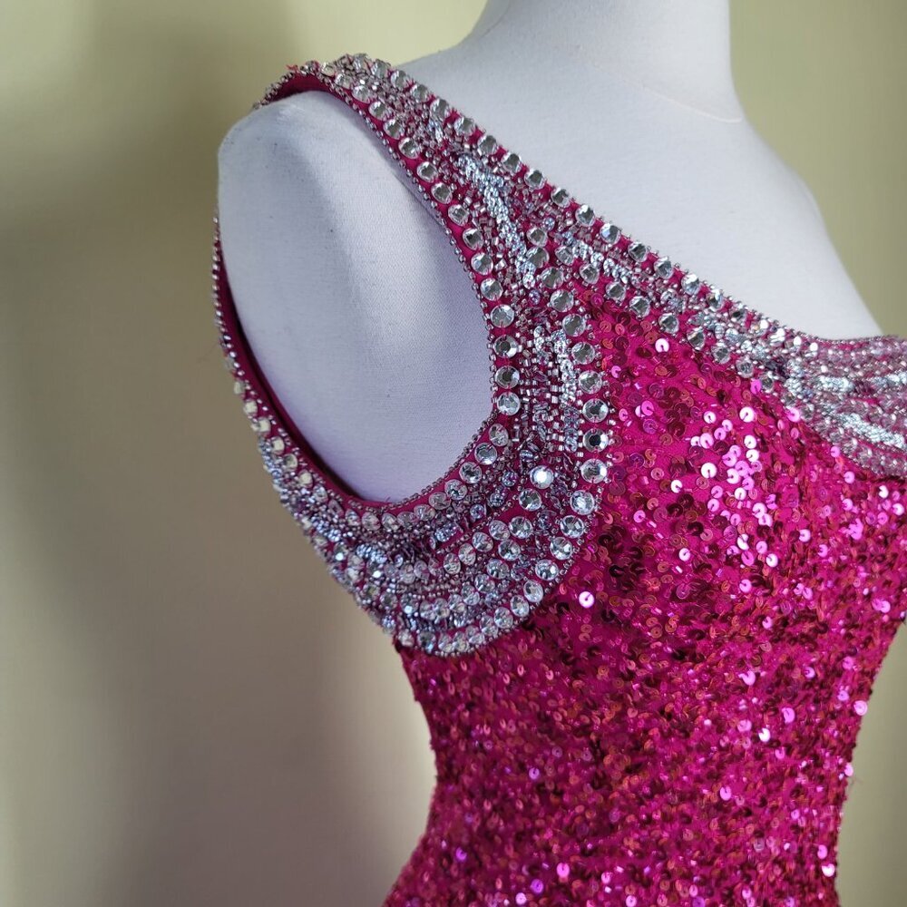 Scala Vintage Hot Pink 100% Silk Crystal Sequin Open Back Women's Gown | Size 4 - Picture 3 of 13